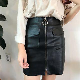 Faux Leather Zip-detail Mini A-line Skirt