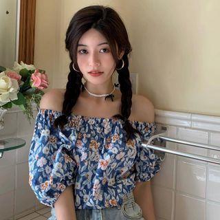 Off-shoulder Floral Print Blouse Blue - One Size