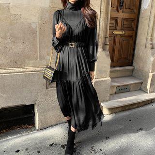 Mock-neck Puff-sleeve Shirred Midi A-line Dress