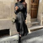 Mock-neck Puff-sleeve Shirred Midi A-line Dress