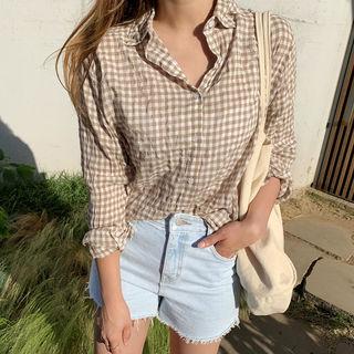 Long-sleeve Gingham Shirt Beige - One Size