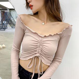 Drawstring Off-shoulder Cropped T-shirt