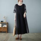 Elbow-sleeve Dotted Panel Midi Smock Dress White Dots - Black - One Size