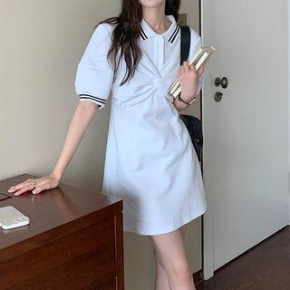 Puff-sleeve Knotted A-line Polo Dress White - One Size