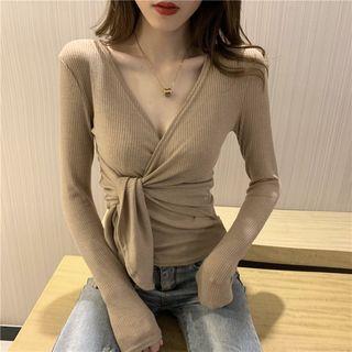 Tie-front Deep V-neck T-shirt