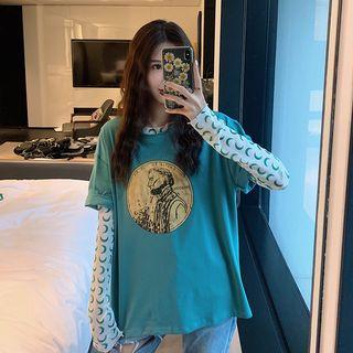 Elbow-sleeve Printed T-shirt / Long-sleeve Flower Print T-shirt