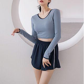 Set: Long-sleeve Crop Swim Top + Shorts