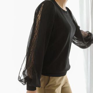 Round-neck Lace-sleeve Knit Top Black - One Size