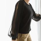 Round-neck Lace-sleeve Knit Top Black - One Size