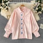 Flower Embroidered Pearl Puff-sleeve Top