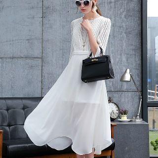 3/4-sleeve Paneled Plain Dress