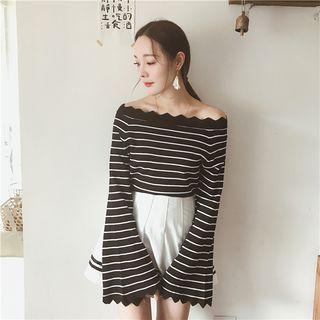 Long Bell Sleeve Off-shoulder Striped Knit Top