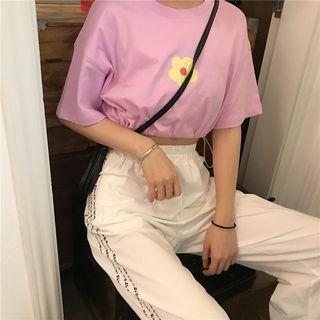 Short-sleeve Flower Print Crop Top / Lettering Harem Pants