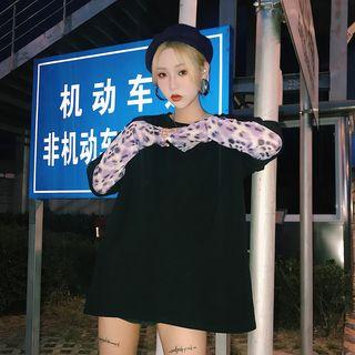 Leopard Print Panel Long-sleeve T-shirt As Shown In Figure - One Size