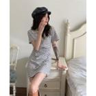 Short-sleeve Polo-neck Striped Mini Sheath Dress Stripe - Black & White - One Size