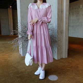 Laced Puritan-collar Long Tiered Dress