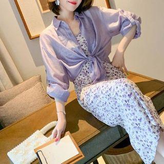 Set: Plain Shirt + Spaghetti Strap Floral Print Midi Dress
