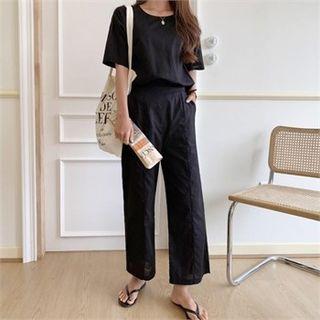 Set: Round-neck Linen Blend T-shirt + Band-waist Wide-leg Pants
