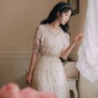 Short-sleeve Floral Print Tiered Midi A-line Chiffon Dress