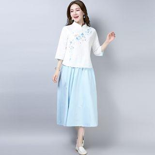 Set: Flower Embroidered Elbow Sleeve Cheongsam Top + Midi Skirt