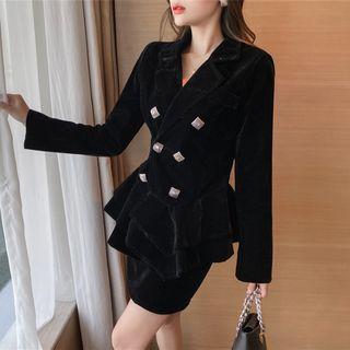 Velvet Ruffle Trim Double Breasted Blazer / Skirt