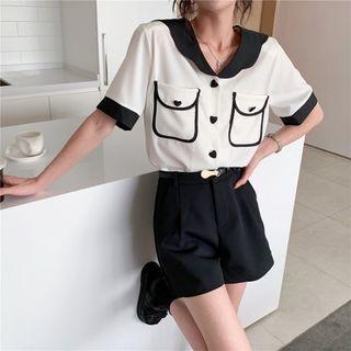 Two Tone Button-up Blouse / High-waist Plain Wide Leg Shorts