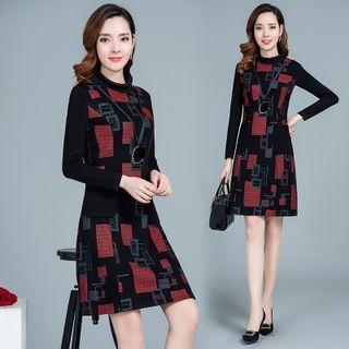 Long-sleeve Geometric Print A-line Dress