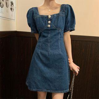 Puff-sleeve Open Back Zipped Denim Dress