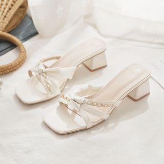 Faux Pearl Chain Chunky Heel Slide Sandals