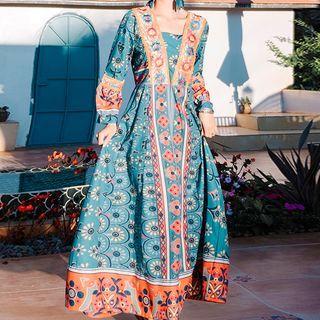 Patterned Long-sleeve Midi A-line Dres