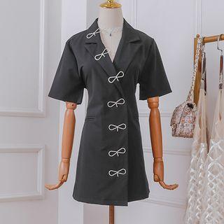 Rhinestone Bow Collared Short-sleeve Mini A-line Dress