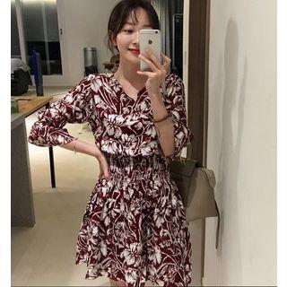 Floral Print Bell-sleeve Gathered-waist V-neck Sheath Dress