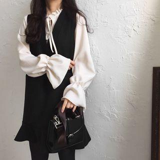 Frill-trim Tie-neck Blouse/ Mermaid Pinafore Dress