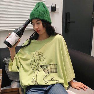 Cart Print Elbow-sleeve T-shirt