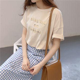 Lettering Short Sleeve T-shirt Orange - One Size