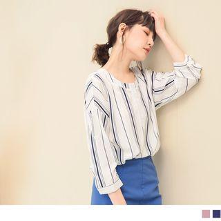 Drop Shoulder Round Neck Striped Blouse