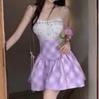 Floral Camisole Top / Plaid Mini A-line Skirt