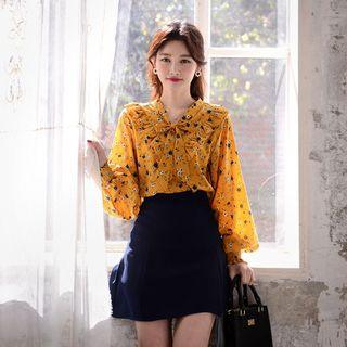 Tie-neck Smocked-cuff Floral Blouse