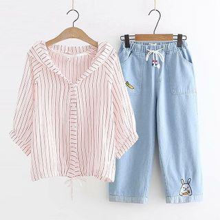 Striped 3/4-sleeve Blouse / Cropped Jeans / Set