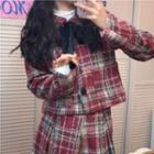 Tie-neck Plaid Button Jacket / Mini A-line Skirt