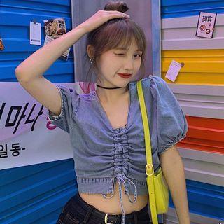 Puff-sleeve Drawstring Cropped Denim Blouse