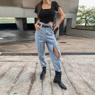 Zip-detail Seam-trim Baggy Jeans With Belt