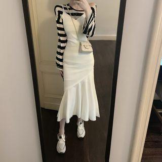 Striped Long-sleeve Loose-fit Top / Mermaid Sleeveless Dress