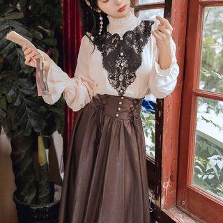 Set: Long-sleeve Lace Panel Blouse + Midi A-line Skirt