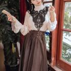 Set: Long-sleeve Lace Panel Blouse + Midi A-line Skirt