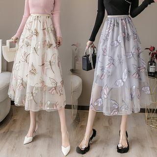 Sequined Dragonfly Midi A-line Mesh Skirt