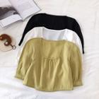 Plain Square-neck Panel Short-sleeve Blouse