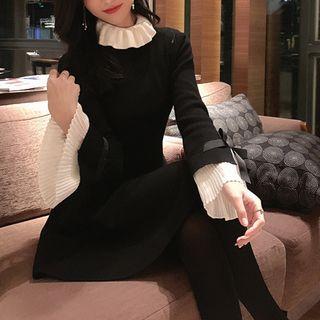 Long-sleeve Mock Neck A-line Knit Dress Black - One Size