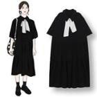 Tie Neck Short-sleeve Midi A-line Dress Black - One Size