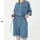 Tie Waist Short-sleeve Denim Playsuit